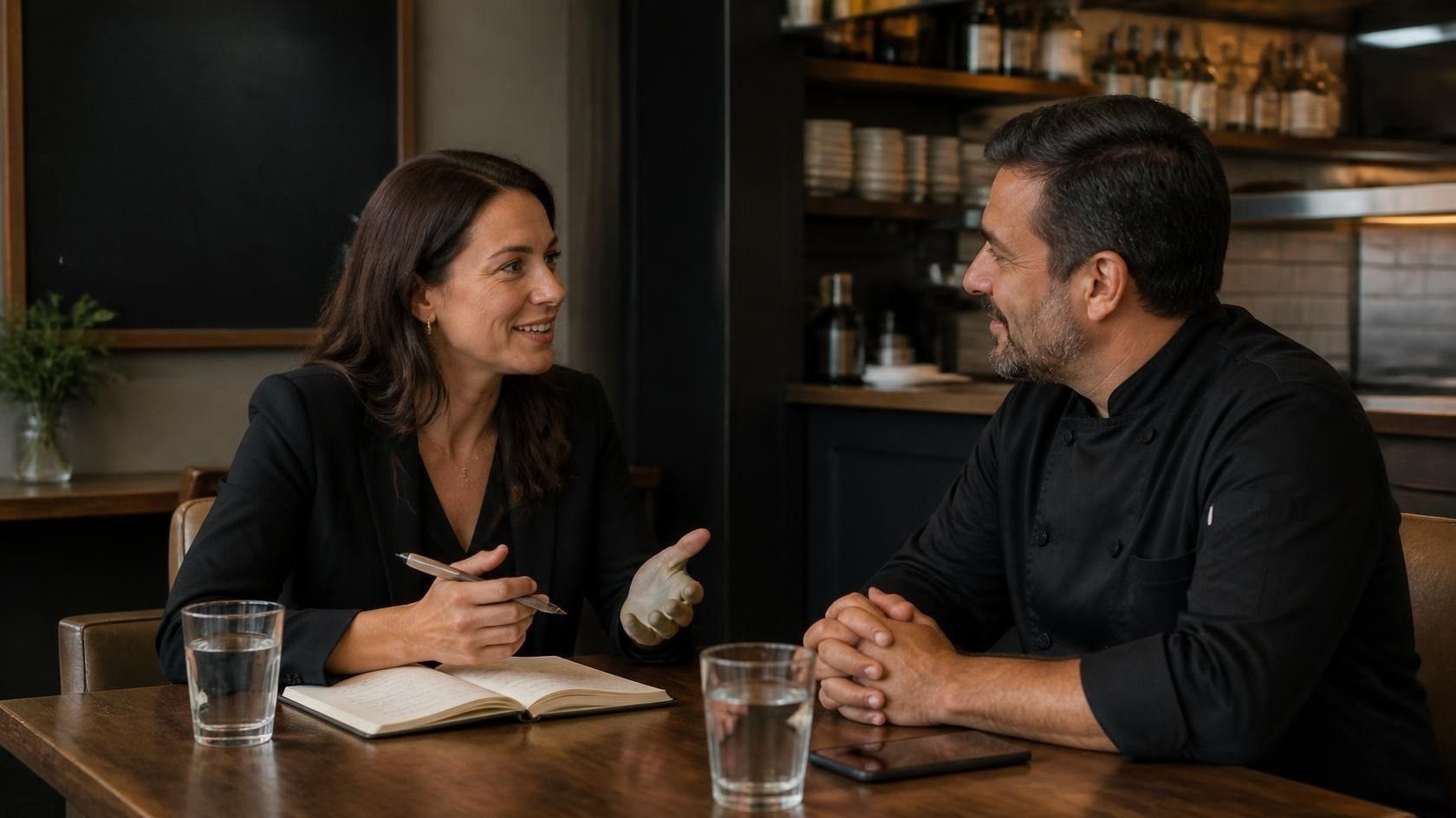 Un conseiller et un restaurateur autour d'une table, verres et carnet — le conseil en train de se faire.
